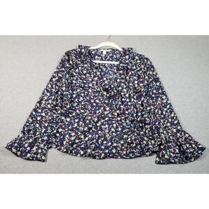 POPSUGAR Wrap Top Women's Large L Floral Long Bell Sleeve Ruffle V-Neck Spring‎